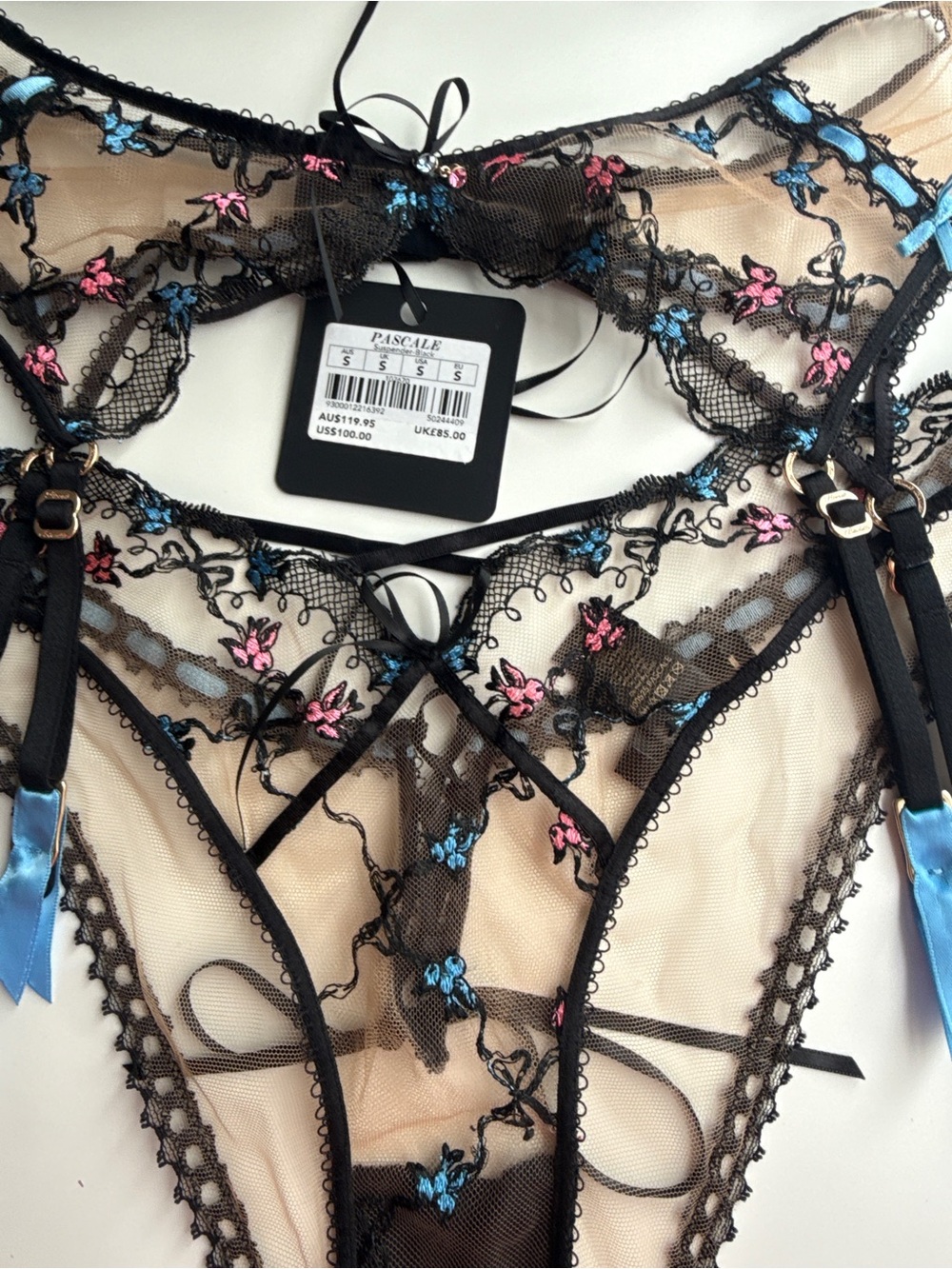 Honey birdette Set Bra panty garter belt Pascale Black blue Lingerie 32ddd S S - Picture 4 of 11